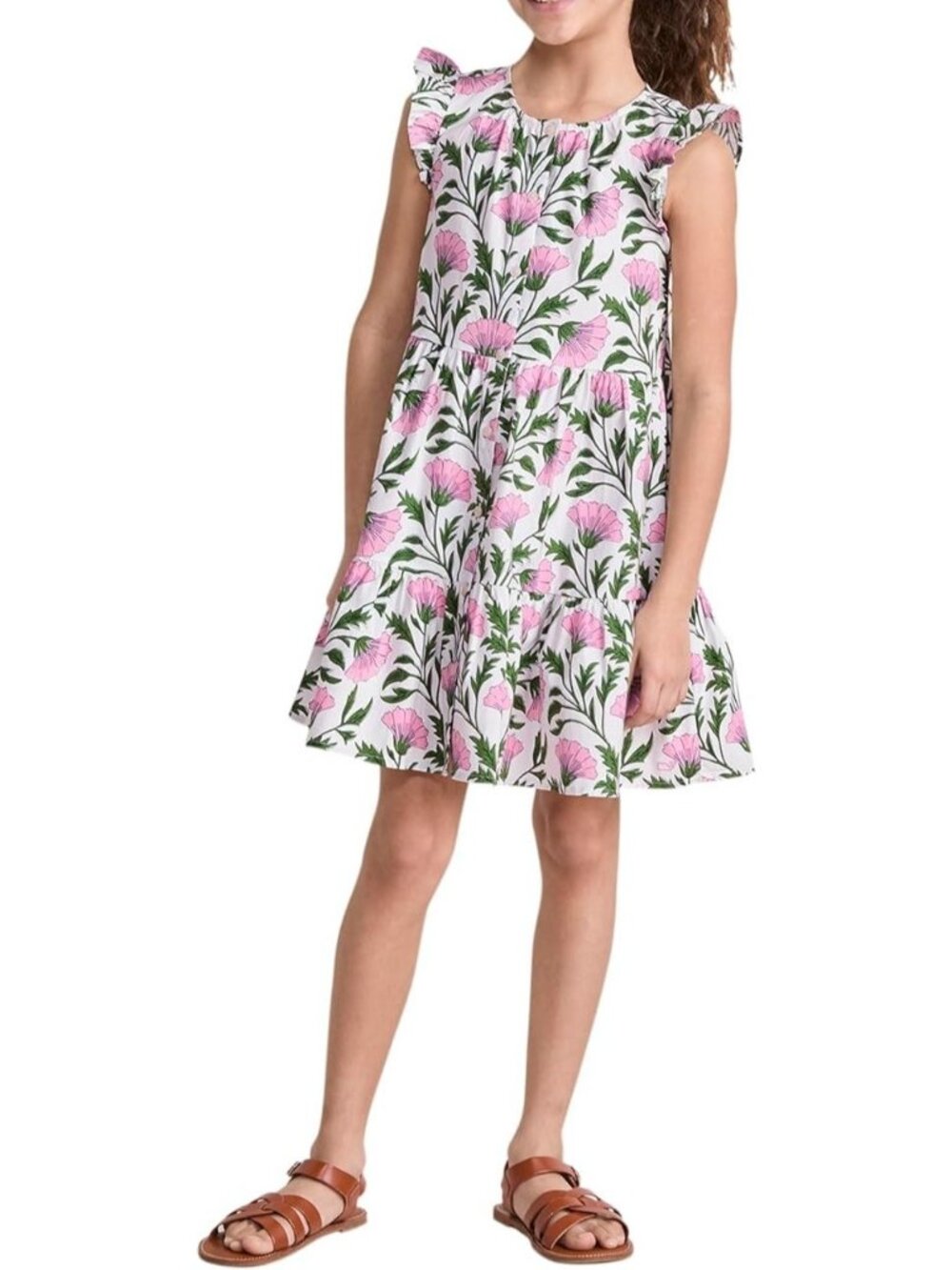 Vineyard Vines Girls Evie Poplin Dress Floral Tiered Pink Green Size 16 Ruffle